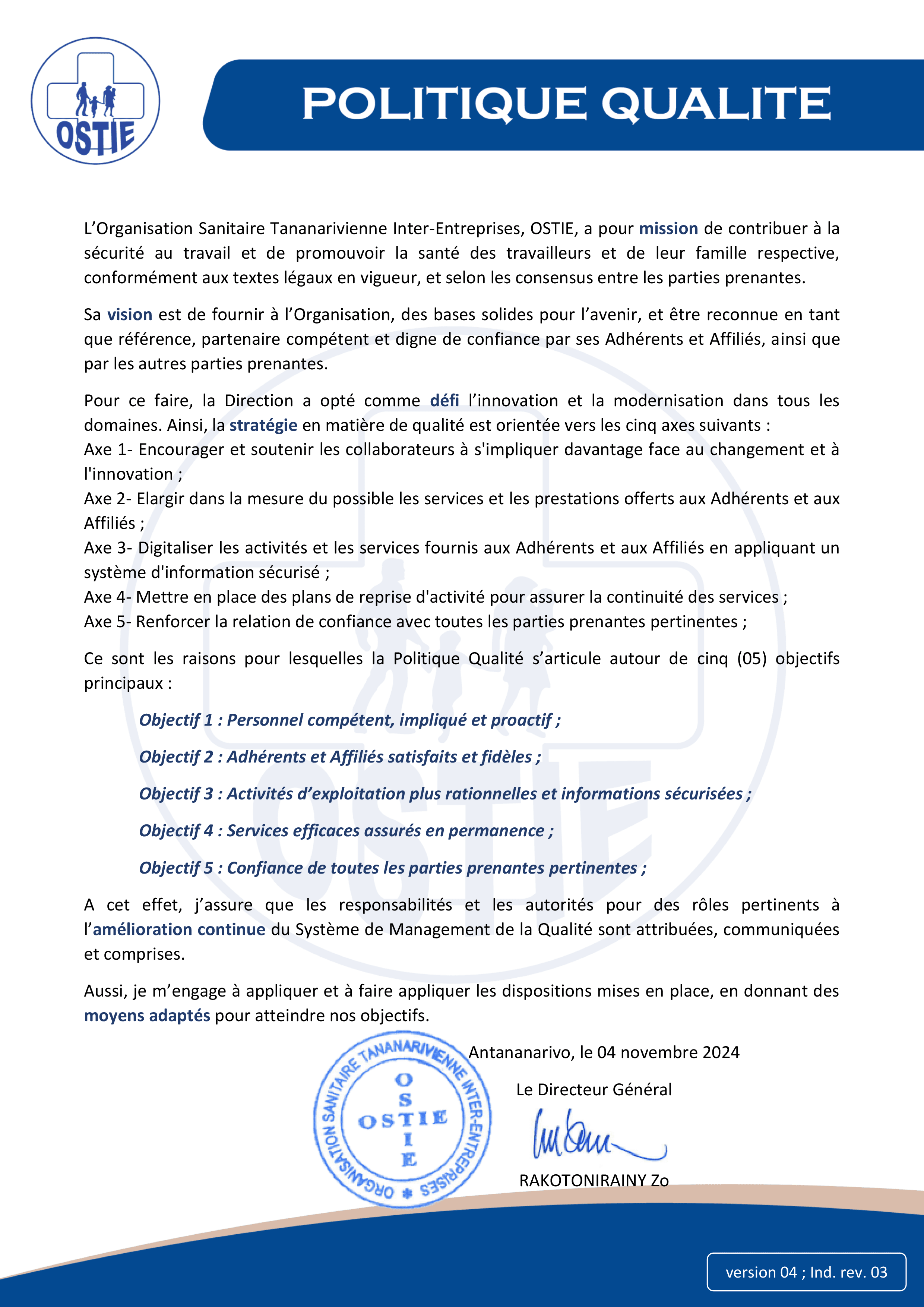 politique qualite de l'OSTIE